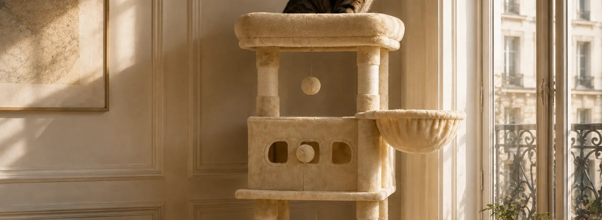 Arbre à chat beige à étages devant une fenêtre, un chat couché sur le plateau du haut