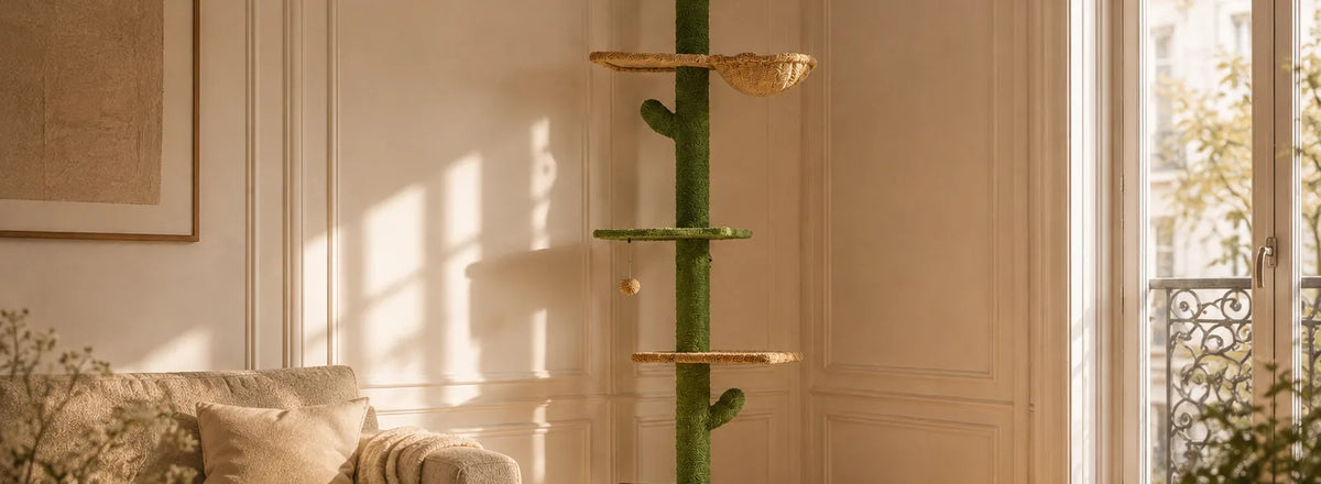 Arbre à chat du sol au plafond dressé dans l'angle d'un petit salon clair