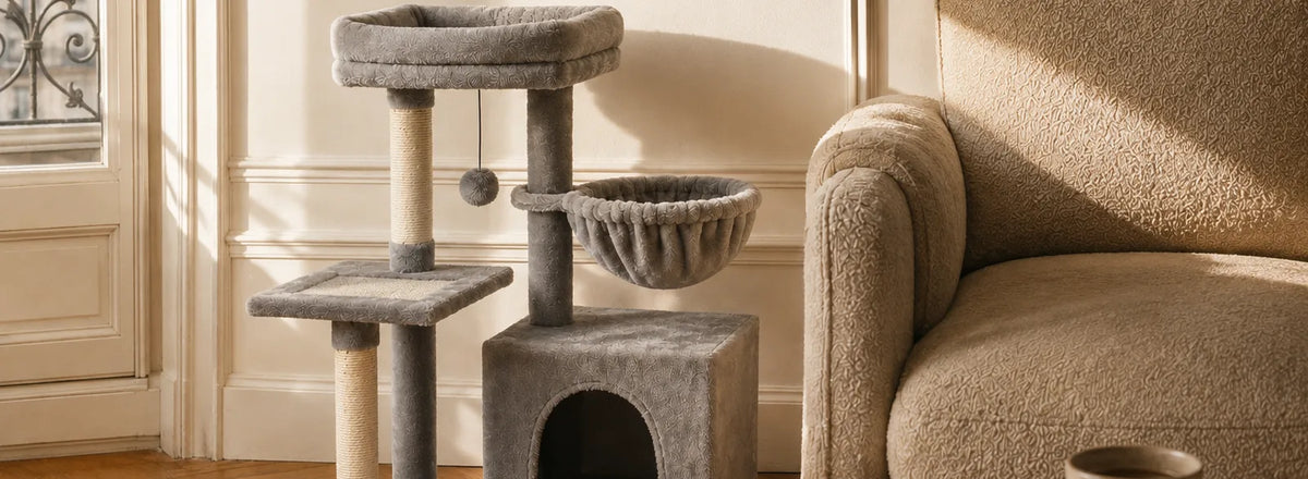 Arbre à chat gris compact posé près d'un fauteuil, avec plateau, panier et niche