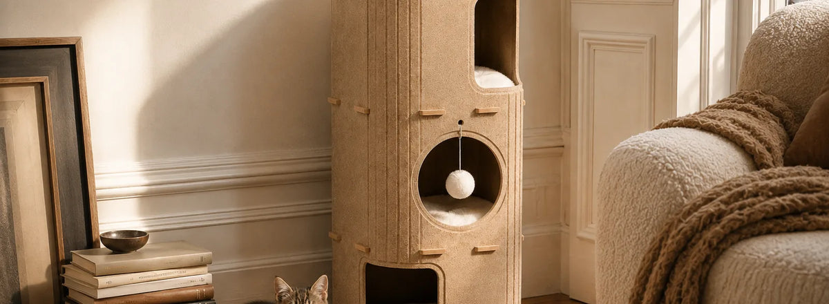 Tour à chat beige à ouvertures rondes dans un salon clair, un chat assis à son pied
