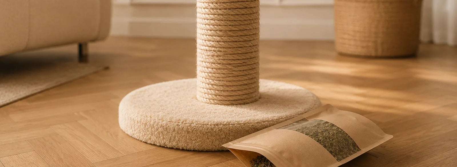 Sachet kraft d'herbe séchée ouvert au pied d'un arbre à chat neuf