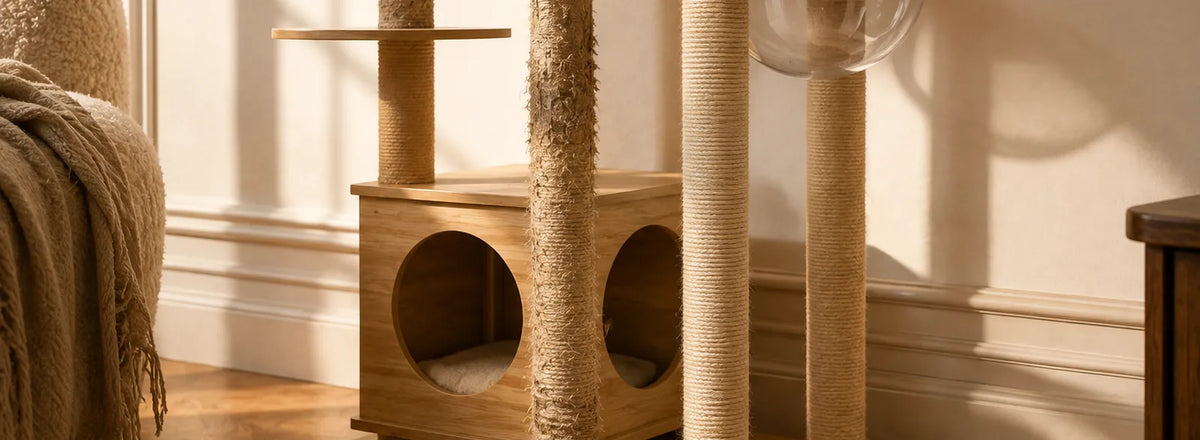 Détail d'un arbre à chat en bois clair avec niche ouverte et poteaux gainés de sisal