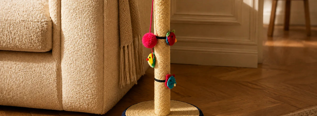 Griffoir vertical en sisal posé contre l'accoudoir d'un canapé en bouclette beige