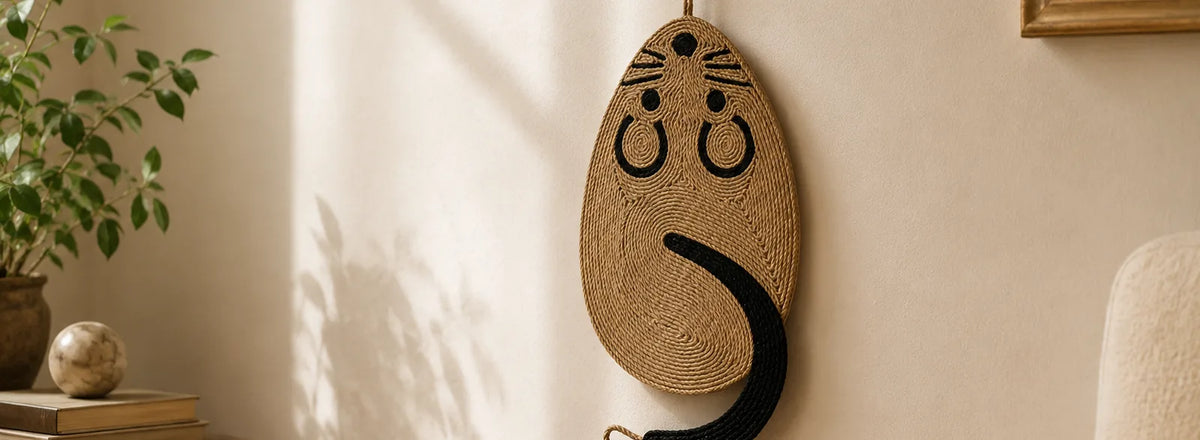 Griffoir mural en jute en forme de souris accroché à un mur clair, à côté d'une plante