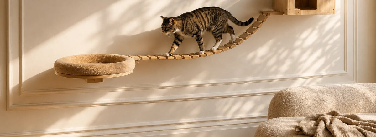 Chat en mouvement sur un parcours mural en bois, trois éléments alignés sur un mur clair
