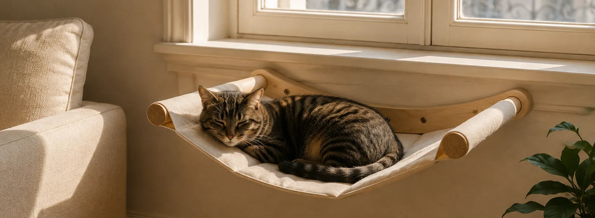 Chat tigré endormi dans un hamac mural en bois, sous une fenêtre ensoleillée