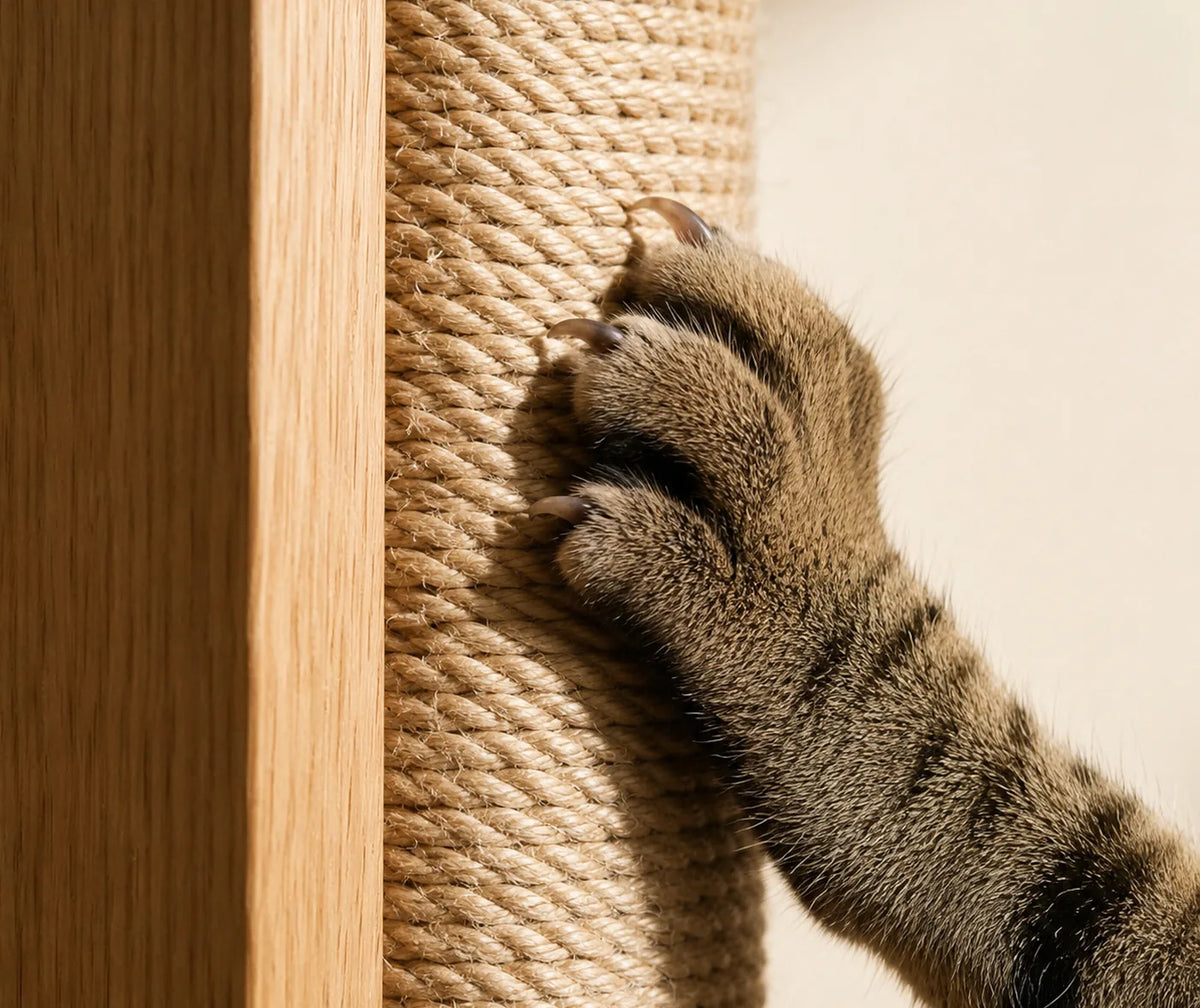 Griffes d'un chat plantées dans le poteau de sisal du Massif