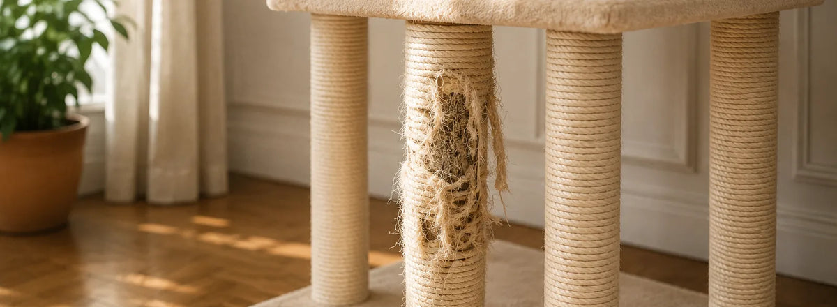 Gros plan sur quatre poteaux gainés de sisal, dont un largement effiloché par les griffes