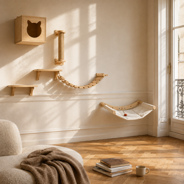 Le refuge en hauteur — Le mur complet · parcours + hamac