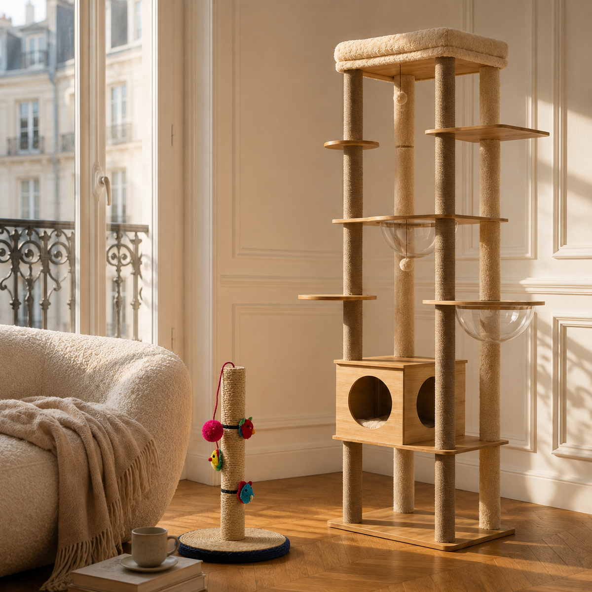 L'arbre à chat Le Massif et le griffoir vertical installés dans le même salon