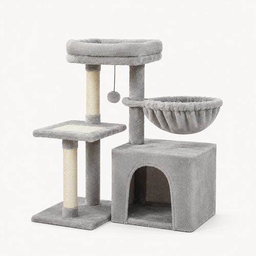 Arbre à chat compact gris, vue d'ensemble sur fond neutre