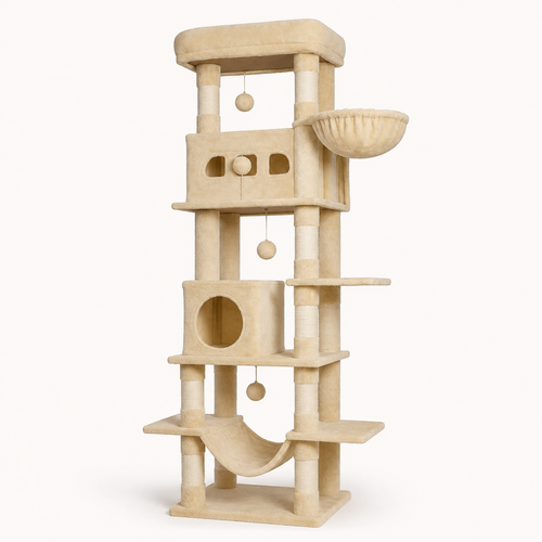 Arbre à chat 170 cm beige, vue d'ensemble sur fond neutre