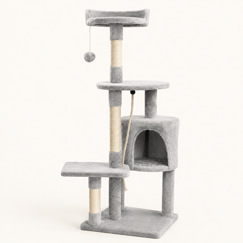 Arbre à chat multi-niveaux gris, vue d'ensemble sur fond neutre