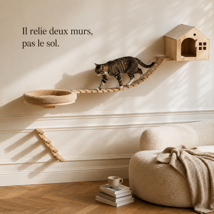 Le parcours mural posé sur un pan de mur, le chat qui traverse le pont