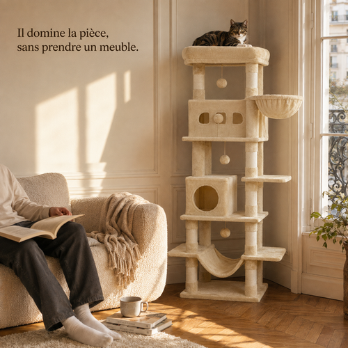 Arbre à chat 170 cm dans un salon parisien habité, le chat sur le perchoir haut