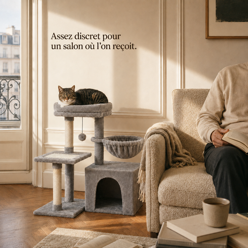 Arbre à chat compact gris dans un salon parisien habité, le chat sur le perchoir