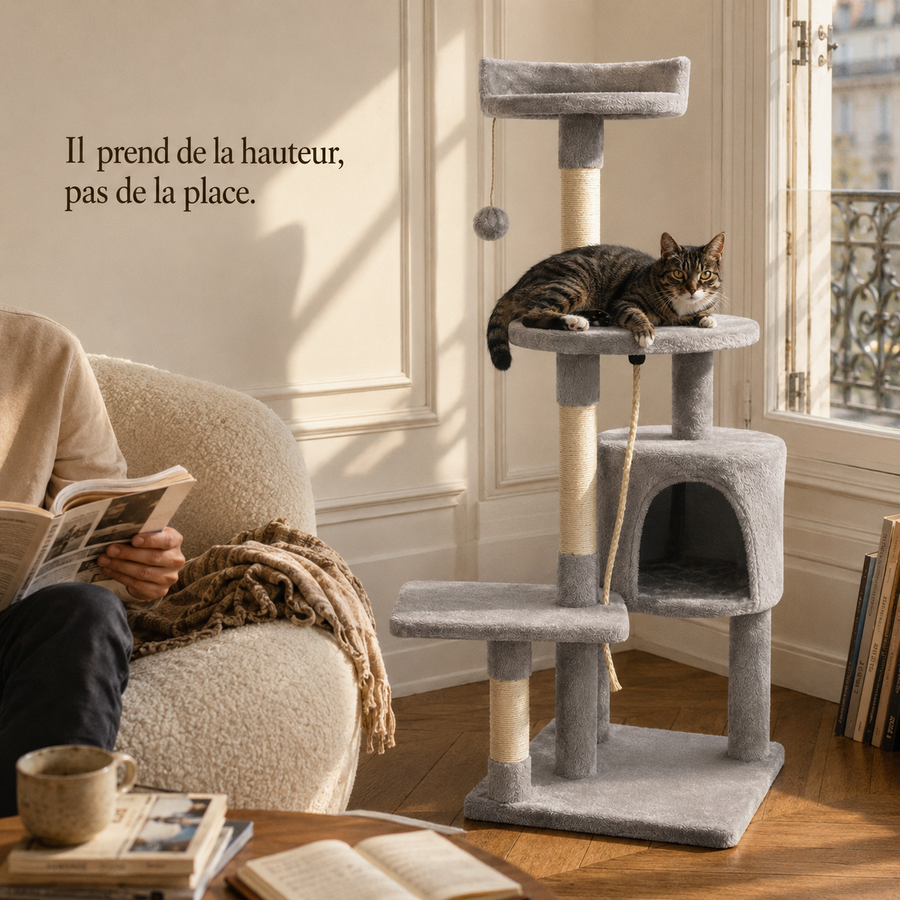 Arbre à chat gris dans un salon parisien habité, le chat sur le plateau rond