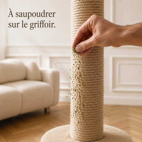 Herbe à chat séchée saupoudrée à la main sur un poteau en sisal