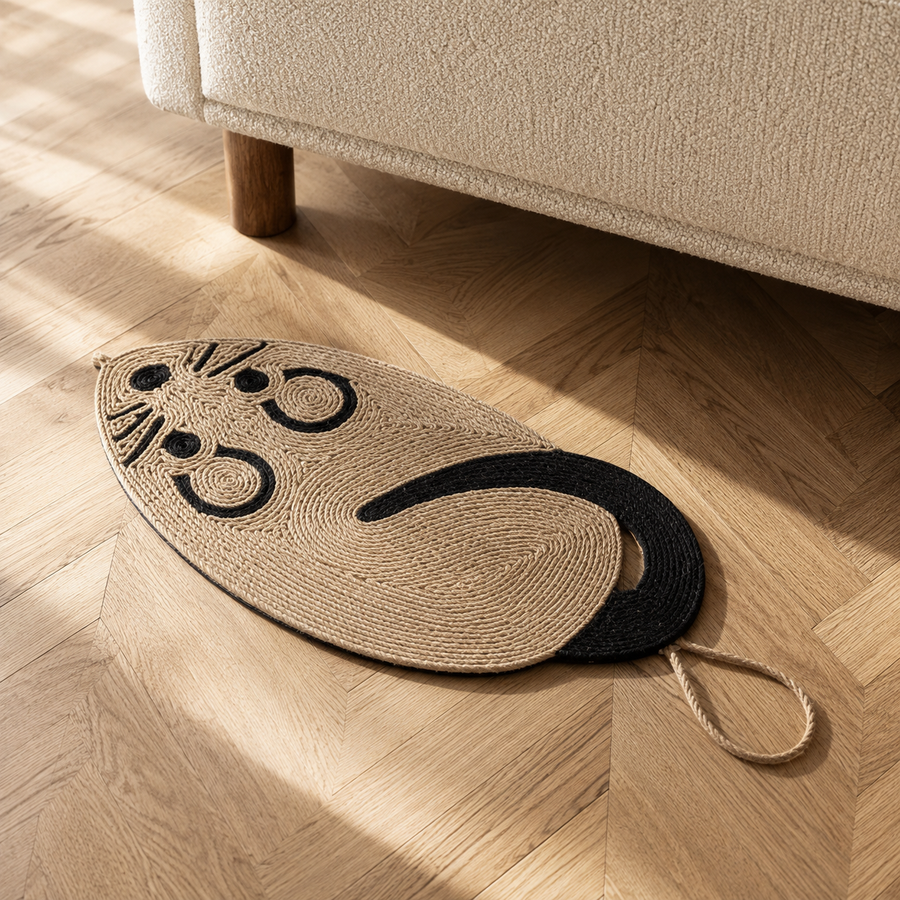 Griffoir souris posé à plat sur le parquet au pied du canapé