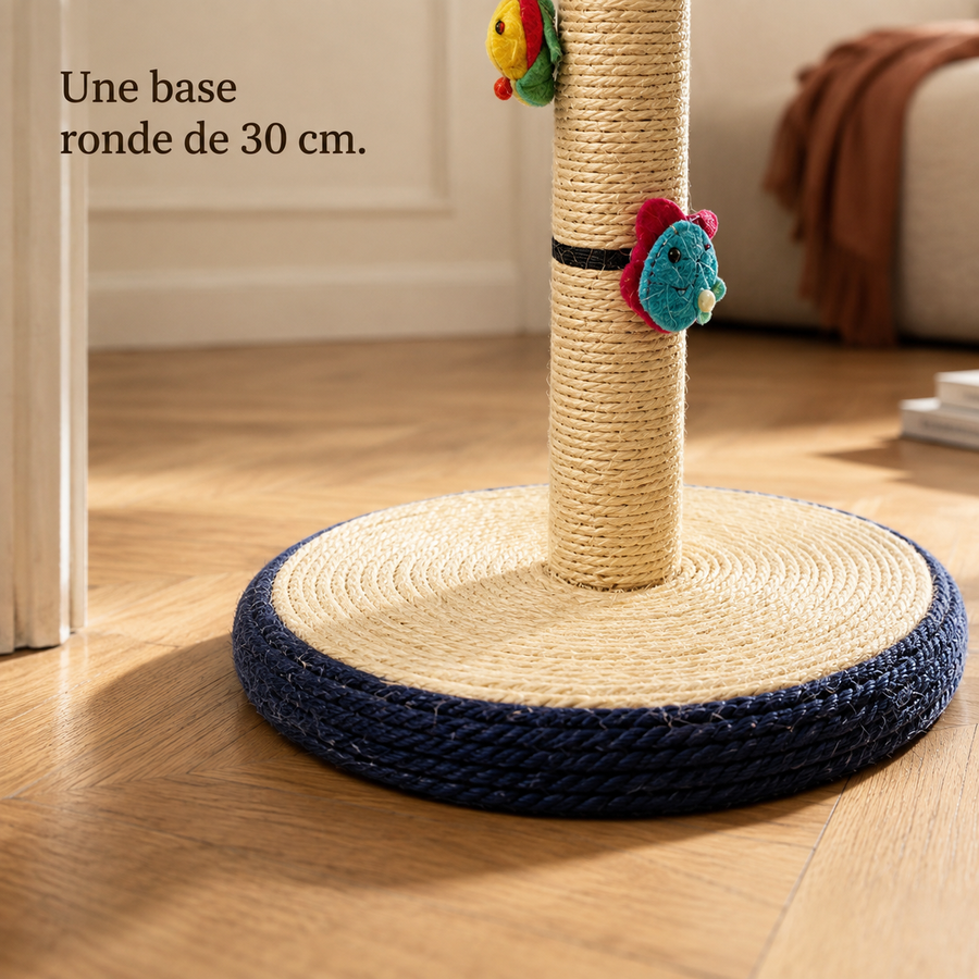 Base ronde de 30 cm du griffoir, sisal et liseré bleu marine