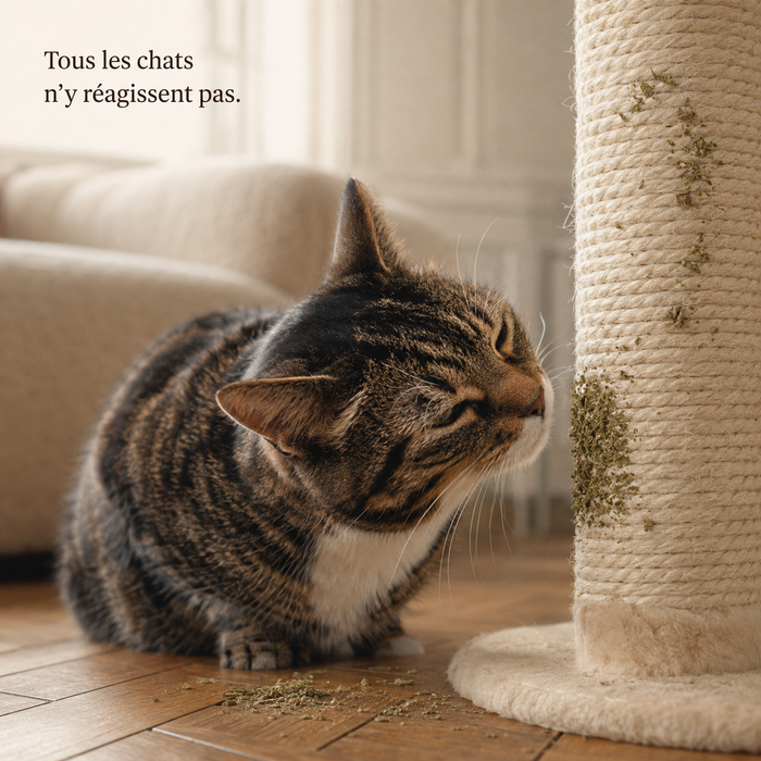 Chat qui renifle le poteau en sisal saupoudré d'herbe à chat