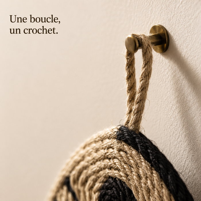 La boucle de corde du griffoir souris passée sur un crochet mural