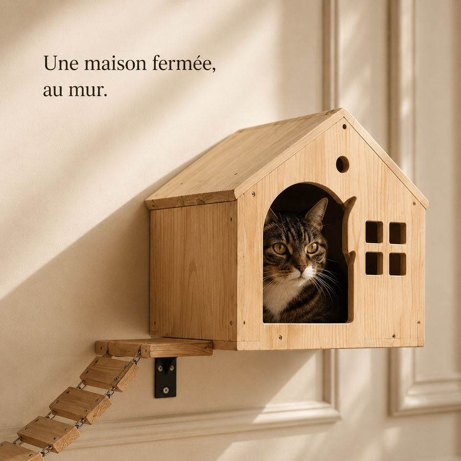 Chat installé dans la maisonnette fermée en bois clair fixée au mur