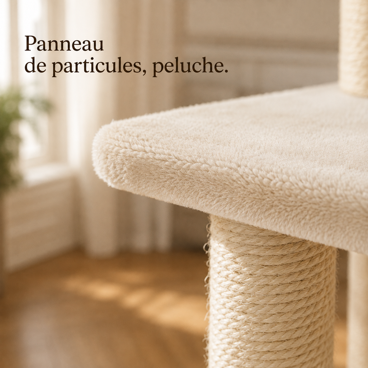 Peluche beige et poteau en sisal naturel, détail de matière