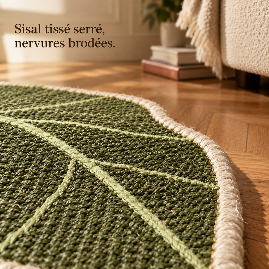 Sisal tissé serré et nervures brodées du griffoir feuille, détail de matière