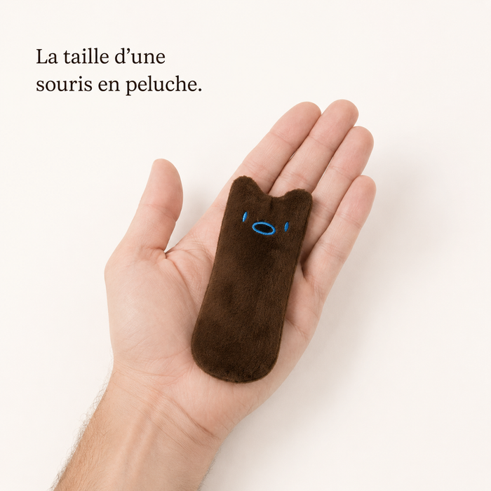 Le jouet à mâcher posé dans une paume, taille d'une souris en peluche