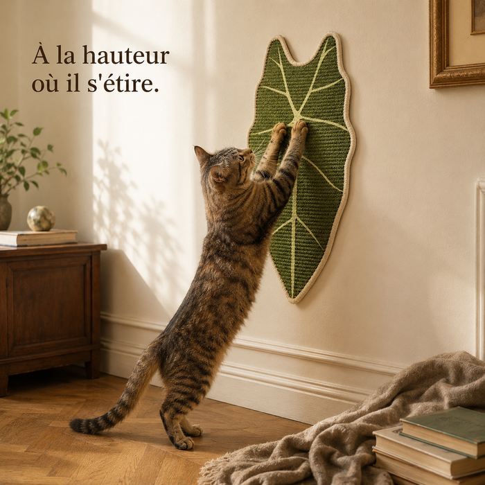 Chat qui griffe le motif feuille fixé au mur