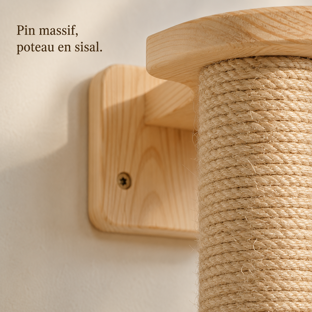 Pin massif et corde de sisal du poteau à gratter, détail de matière