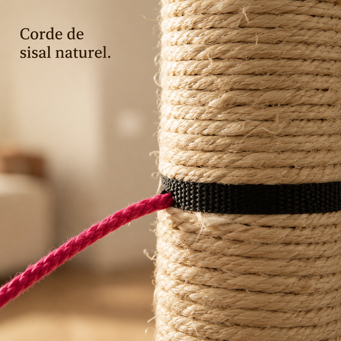 Corde de sisal naturel enroulée sur le poteau, détail de matière