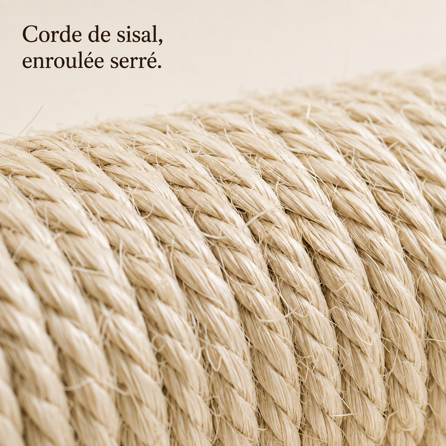 Corde de sisal enroulée serré sur le poteau, détail de matière