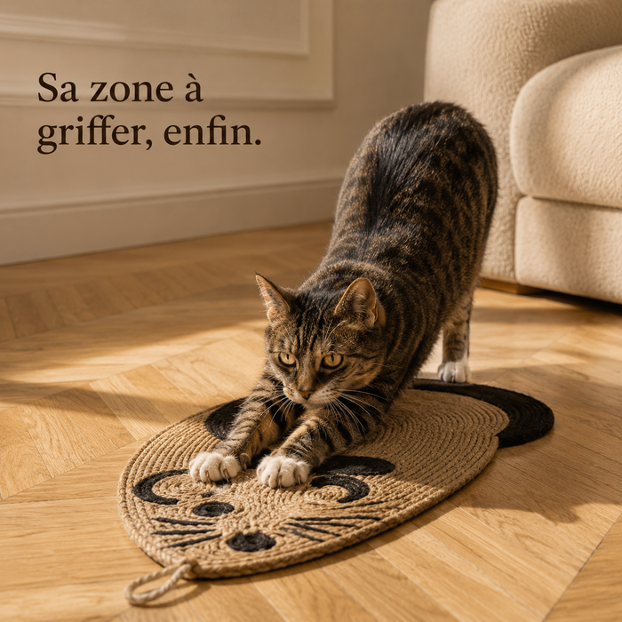 Chat qui griffe le griffoir souris posé sur le parquet