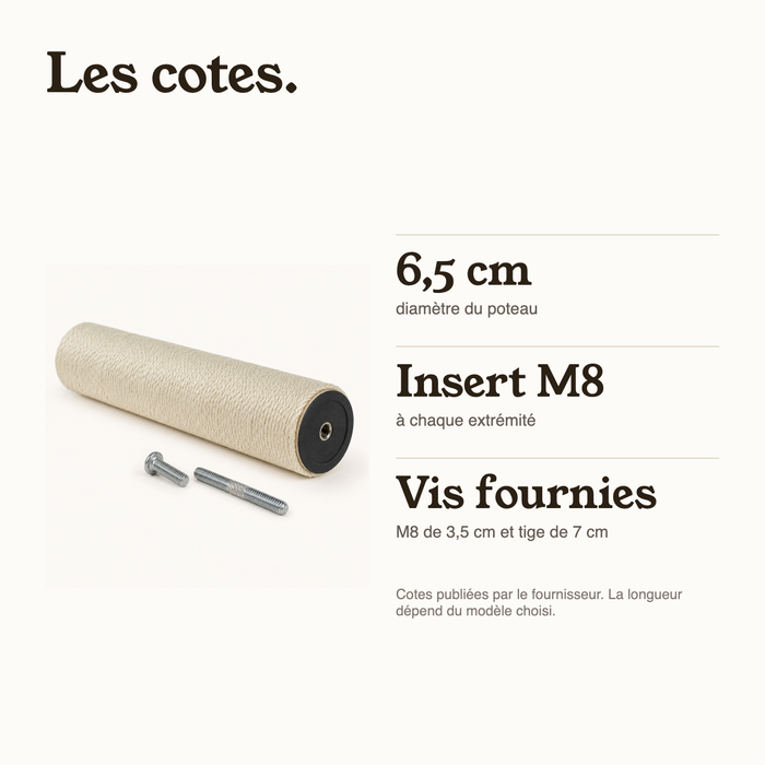 Cotes du poteau de rechange : 6,5 cm de diamètre, insert M8, vis fournies