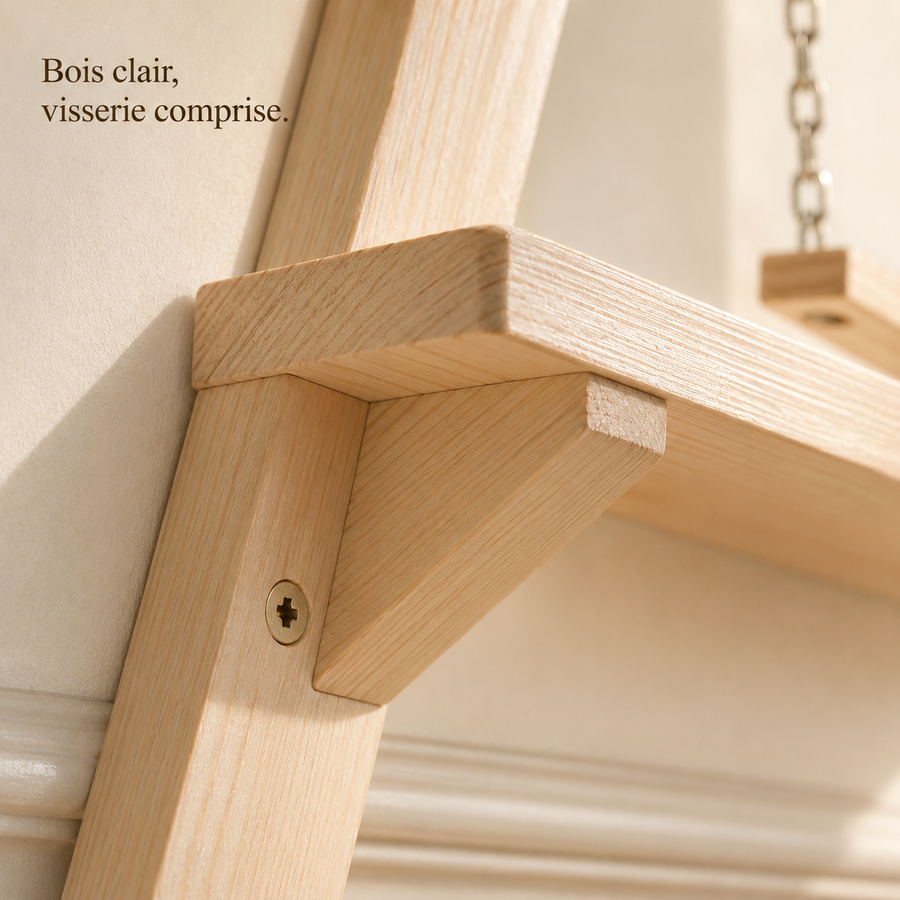 Équerre en bois clair vissée au mur, détail de fixation du parcours