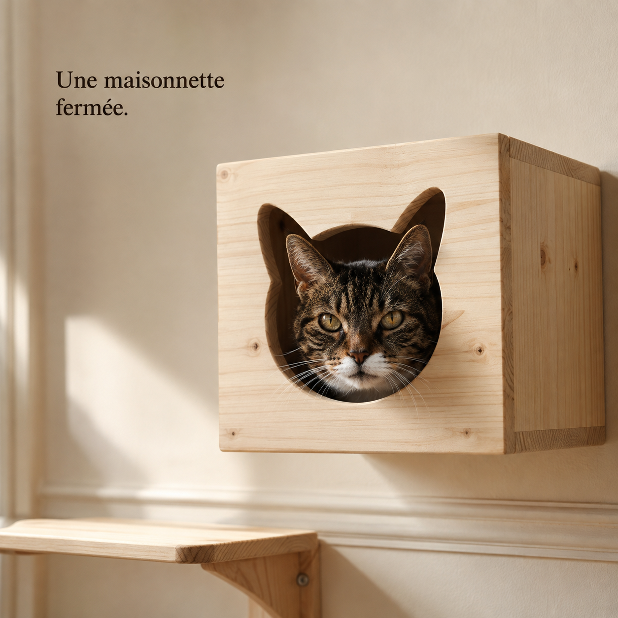 Chat installé dans la maisonnette fermée en pin, découpe tête de chat