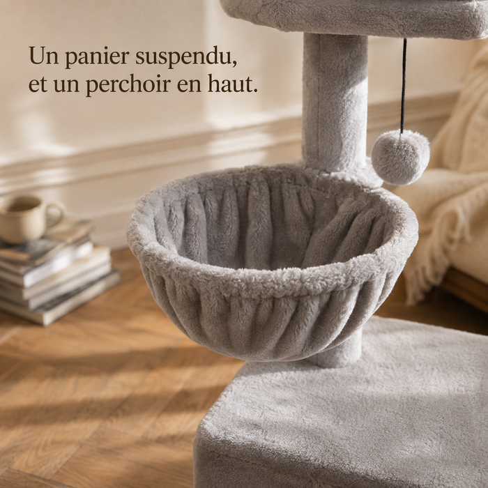 Panier suspendu en peluche grise de l'arbre à chat compact
