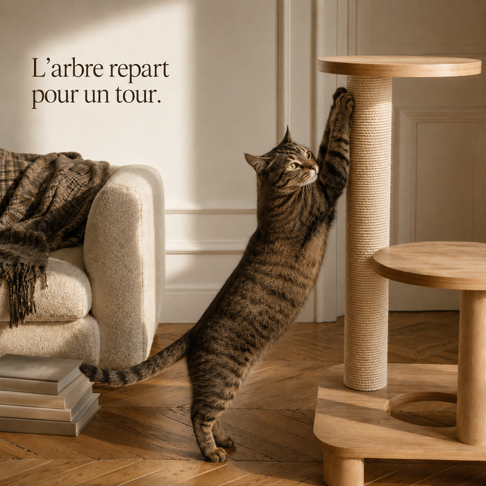 Chat qui griffe le poteau de rechange remonté sur son arbre