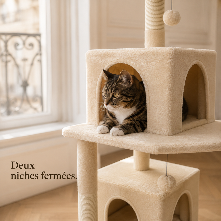 Chat installé dans la niche fermée de l'arbre à chat 184 cm