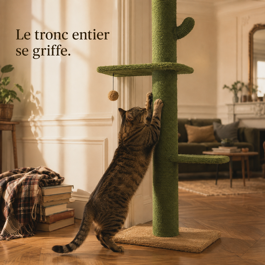 Chat qui griffe le tronc en sisal de l'arbre à chat cactus
