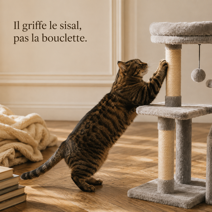 Chat qui griffe le poteau en sisal de l'arbre à chat compact