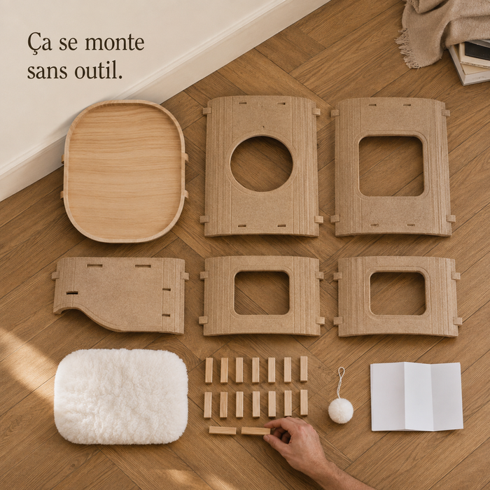 Toutes les pièces de la tour-nid à plat avant montage