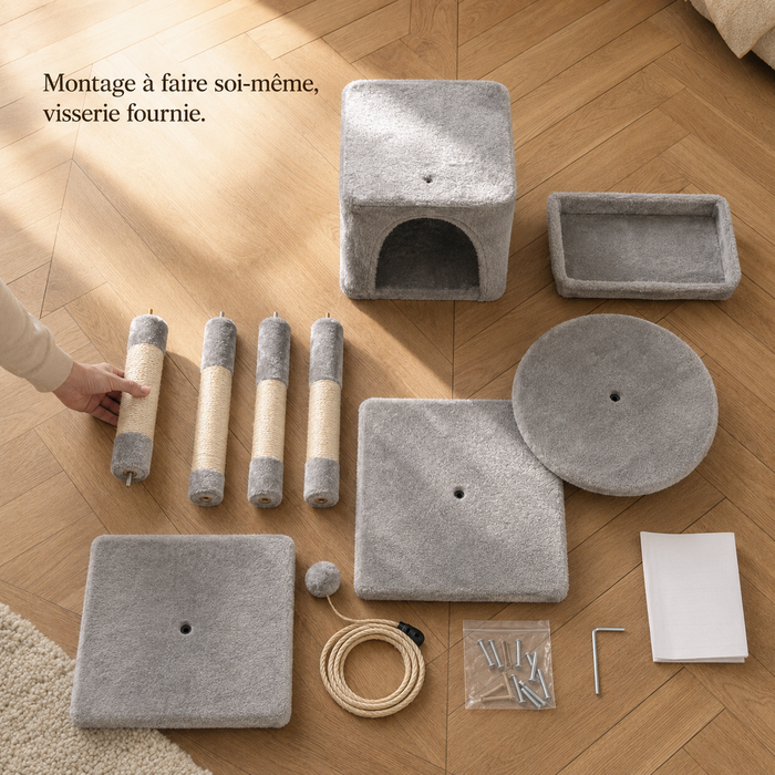 Toutes les pièces de l'arbre à chat gris à plat avant montage