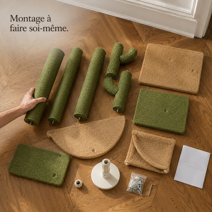 Toutes les pièces de l'arbre à chat cactus à plat avant montage
