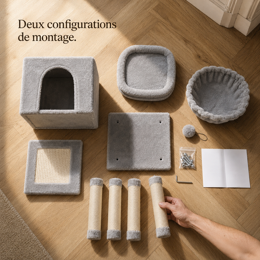 Toutes les pièces de l'arbre à chat compact à plat avant montage