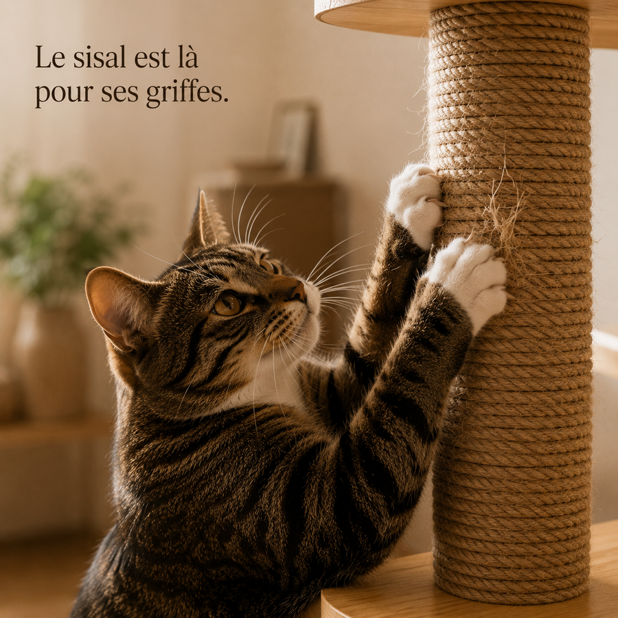 Chat qui griffe le poteau en sisal de l'arbre Le Massif