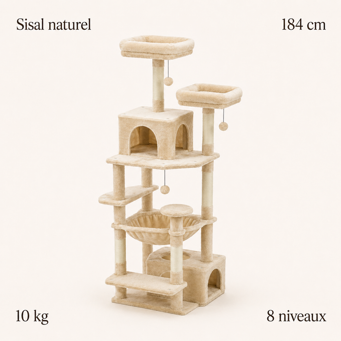 Arbre à chat 184 cm : sisal naturel, 10 kg, huit niveaux
