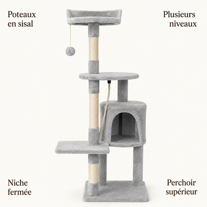 Arbre à chat gris : poteaux en sisal, plusieurs niveaux, niche fermée, perchoir supérieur